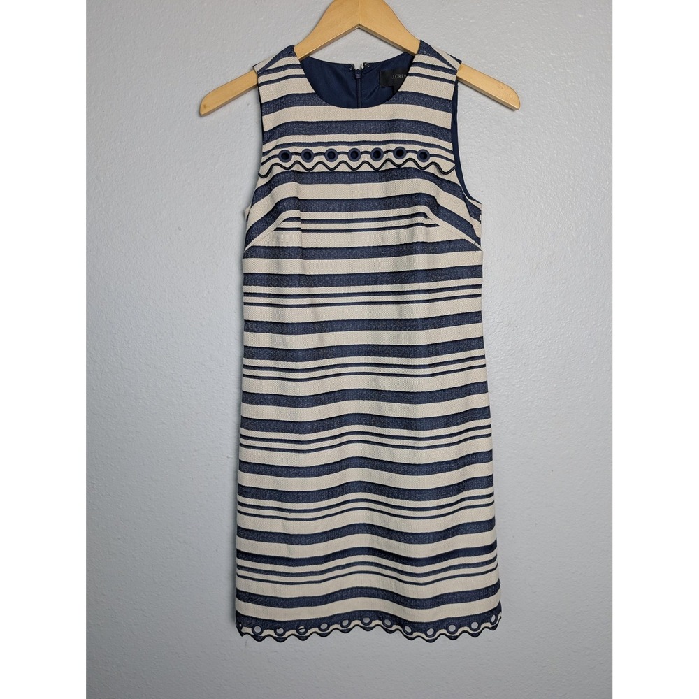 J.CREW Dress Womens 00 Blue Short Shift Crew Neck Sleeveless Striped Eyelet